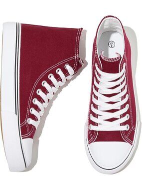 Women's Brick Red Canvas Upper Lace Up Cute Walking Shoes High Top Sneakers